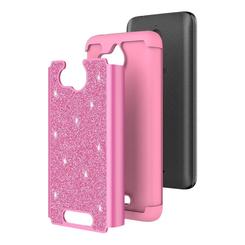 Alcatel Tetra Case, Tetra Glitter Bling Heavy Duty Shock Proof Hybrid Case with [HD Screen Protector] Dual Layer Protective Phone Case Cover for Alcatel Tetra W/Temper Glass - Hot Pink