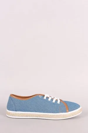 Bamboo Denim Lace Up Low Top Braided Jute Trim Sneaker