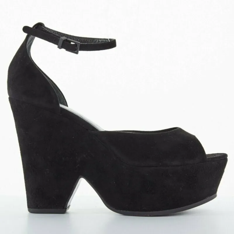 CELINE PHOEBE PHILO black suede cut out platform wedge ankle cuff heels EU36 US6